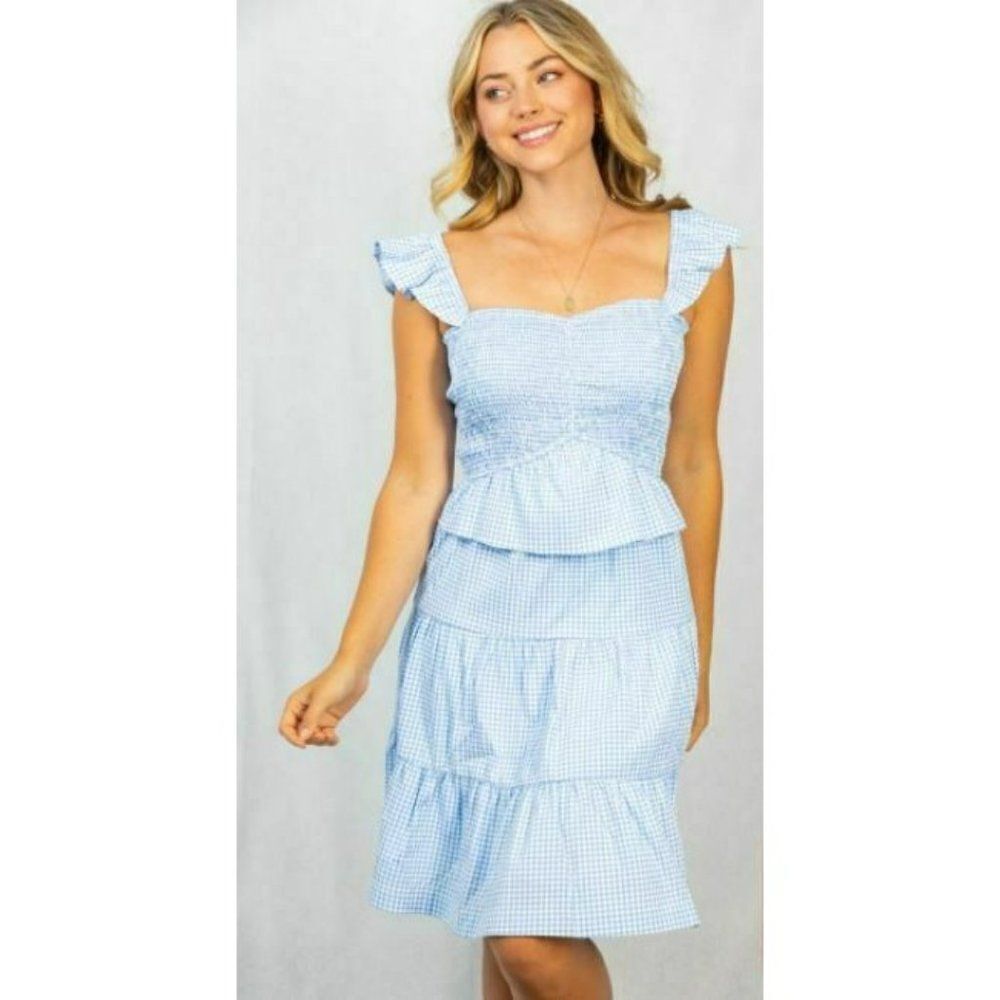 SALE! White Birch Gingham Baby Blue Checkered Spring Summer Dress Ruffle